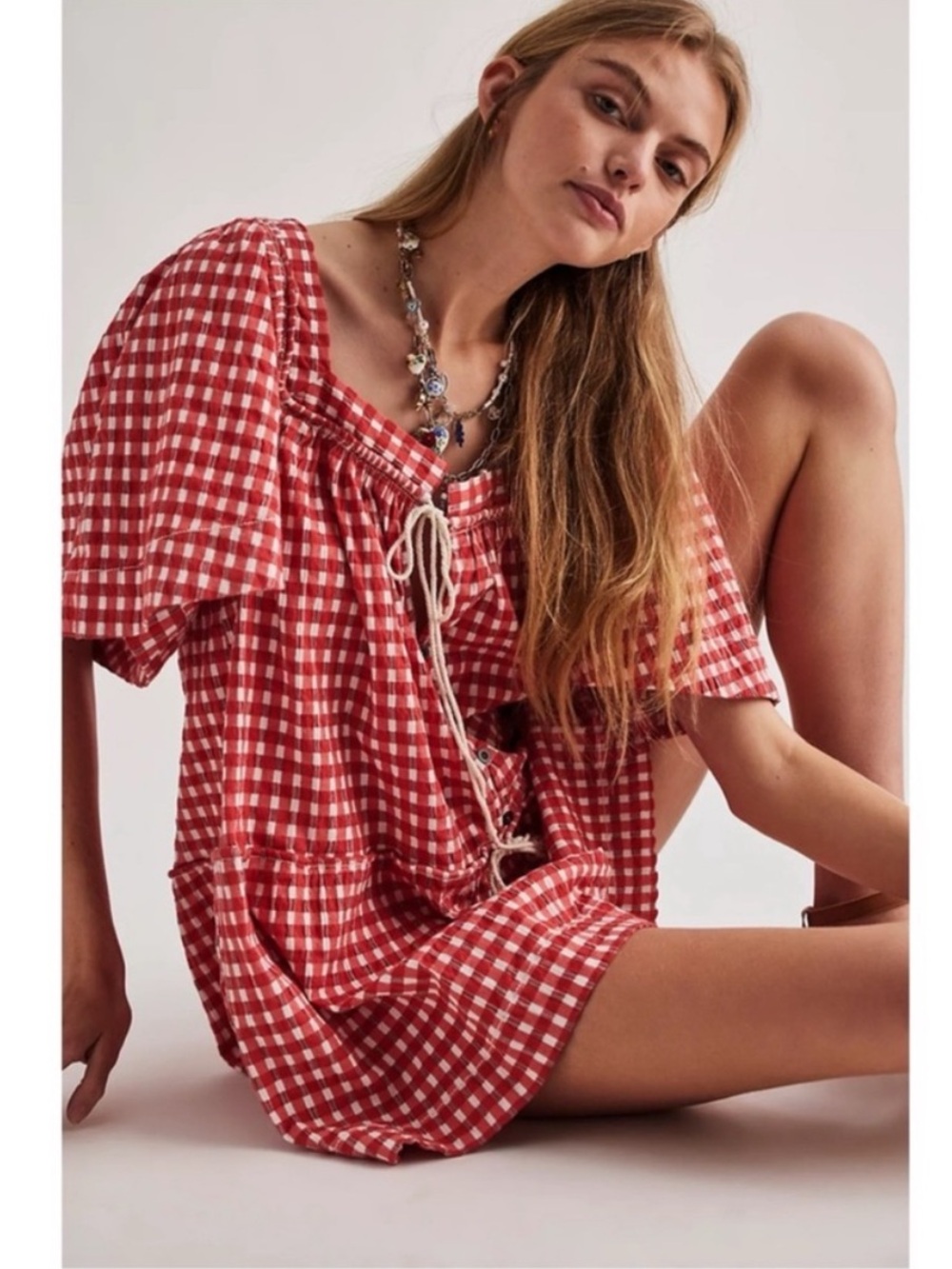 Free People Red Gingham Short Jumpsuit Romper - Picture 3 of 15